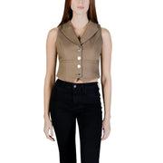 Tan sleeveless cropped vest with notched collar and three silver buttons down front in cotton by Morgan De Toi
