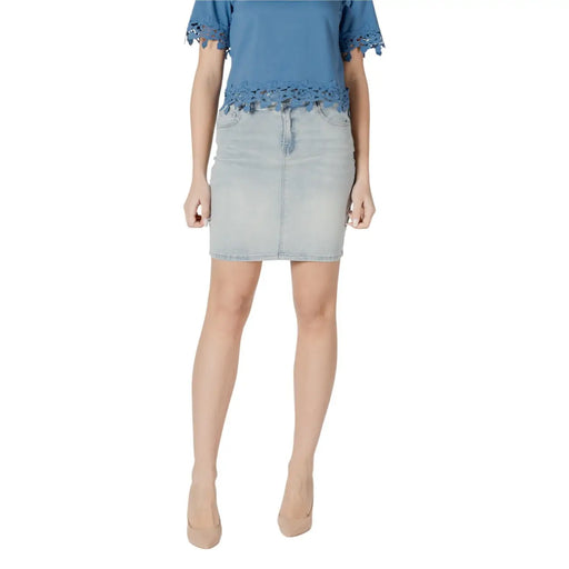 Morgan De Toi light-wash denim skirt with lace-trim hem