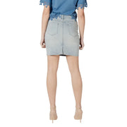 Back view of morgan de toi light blue cotton blend denim mini skirt with classic pocket design and subtle stitching details