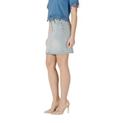 Morgan De Toi light blue cotton blend denim mini skirt with fitted silhouette and decorative lace trim hem