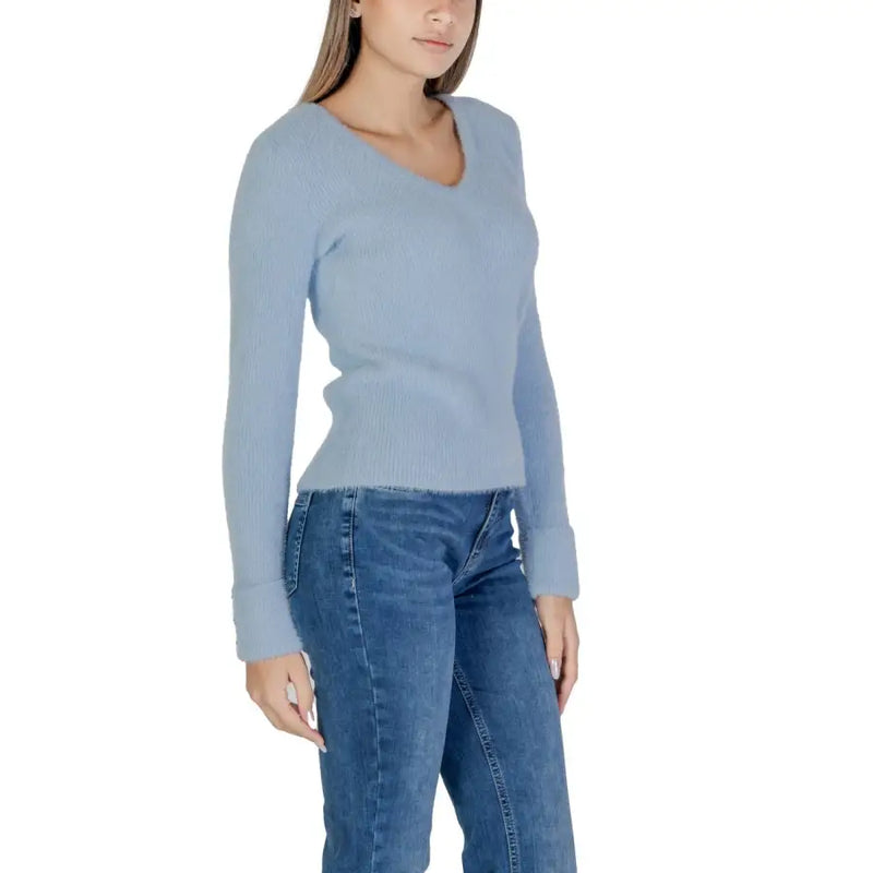 Morgan De Toi light blue long v neck knitwear soft ribbed knit sweater with cuffed sleeves