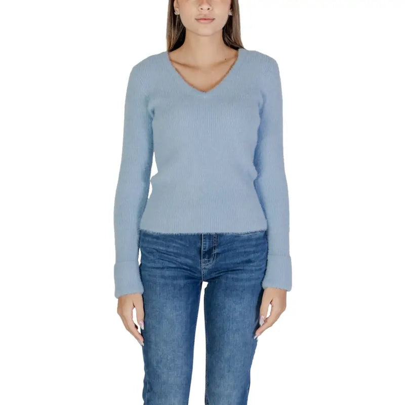Light blue ribbed V-neck long-sleeve sweater from Morgan De Toi product line