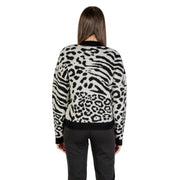 Women’s black and white animal print knit sweater from Morgan De Toi with round neckline