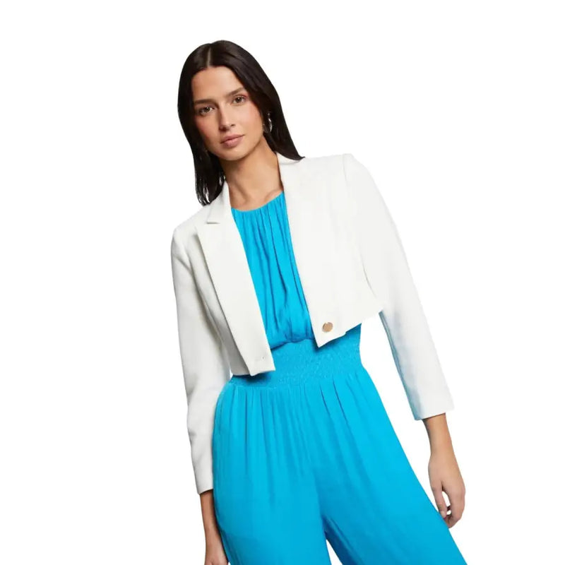 White cropped blazer with three-quarter sleeves and a single gold button from Morgan De Toi spring summer collection