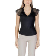 Morgan De Toi white sleeveless V-neck blouse with black lace shoulder accents
