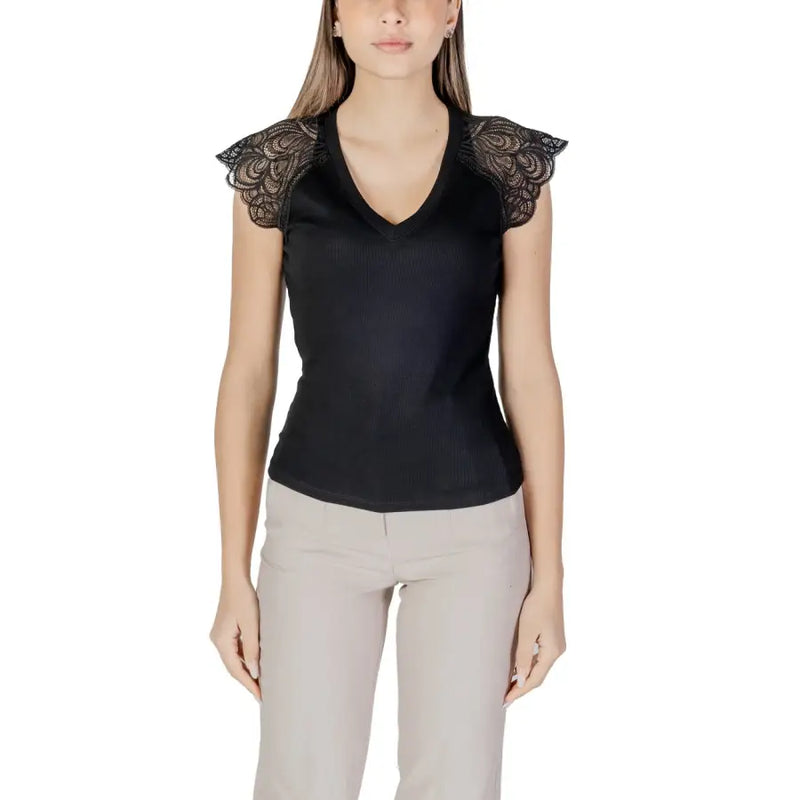 Morgan De Toi white sleeveless V-neck blouse with black lace shoulder accents