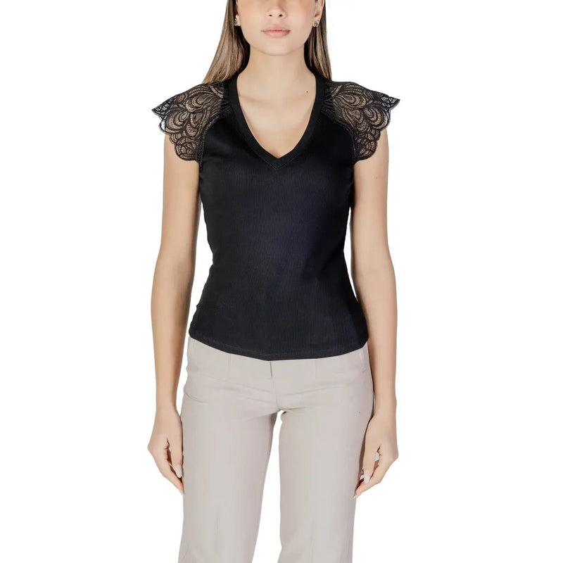 Morgan De Toi white sleeveless V-neck blouse with black lace shoulder accents