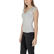 Morgan De Toi white sleeveless v neck blouse in light gray with delicate white lace detailing on the shoulders