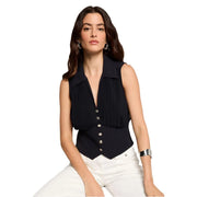 Black sleeveless blouse with collar, pleated front, silver buttons, Morgan De Toi