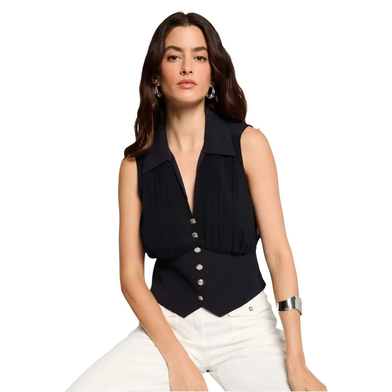 Black sleeveless blouse with collar, pleated front, silver buttons, Morgan De Toi