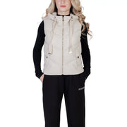 Beige quilted sleeveless zip hooded gilet by Morgan De Toi with silver zipper and drawstrings in lightweight fabric
