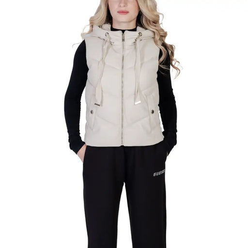 Beige quilted sleeveless zip hooded gilet by Morgan De Toi with silver zipper and drawstrings in lightweight fabric
