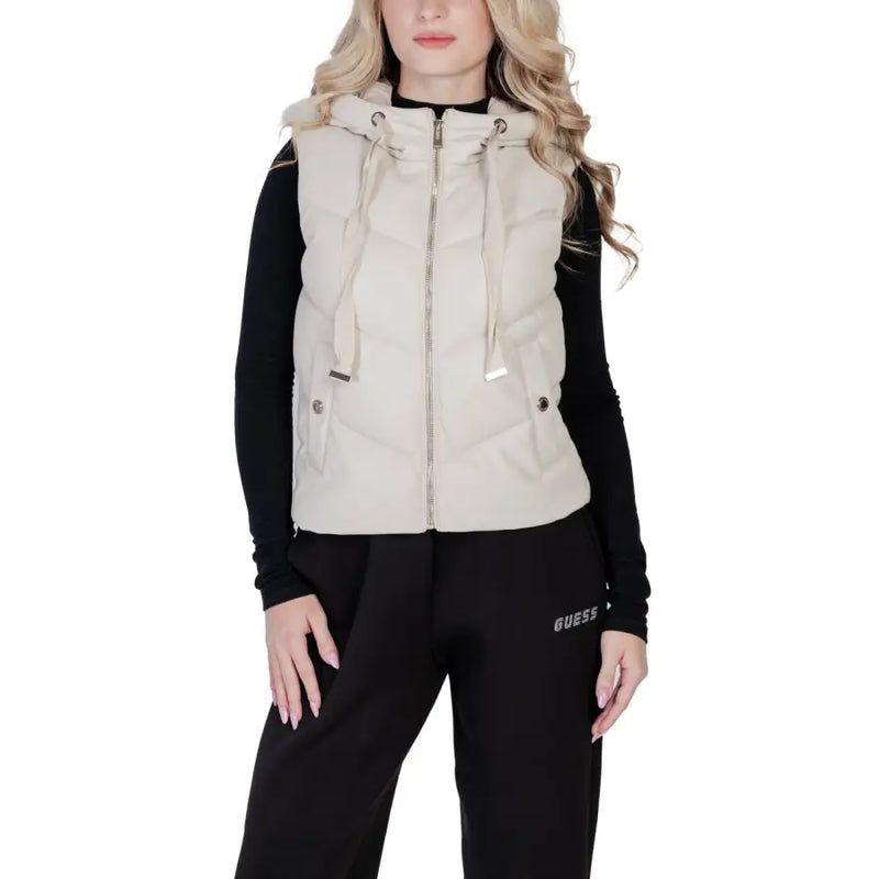 Beige hooded puffer vest with full zip closure from Morgan De Toi White Sleeveless Zip Hooded Gilet