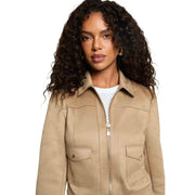 Morgan de toi women beige polyester blazer with round neck and front zipper closure with two pockets