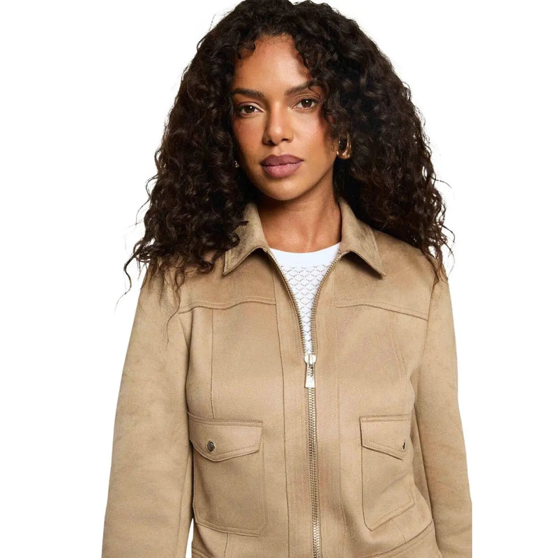 Morgan de toi women beige polyester blazer with round neck and front zipper closure with two pockets