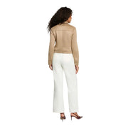Beige leather moto jacket with cropped fit and subtle stitching details from Morgan De Toi women polyester blazer collection