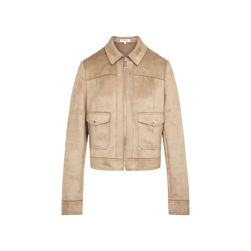 Morgan de toi women beige blazer made of polyester featuring a round neck, cropped suede jacket style with front pockets and zipper