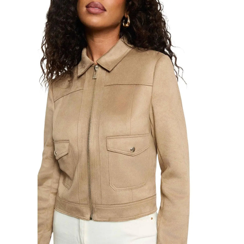 Morgan de toi women beige blazer made of polyester featuring a round neck and two front pockets with central zipper