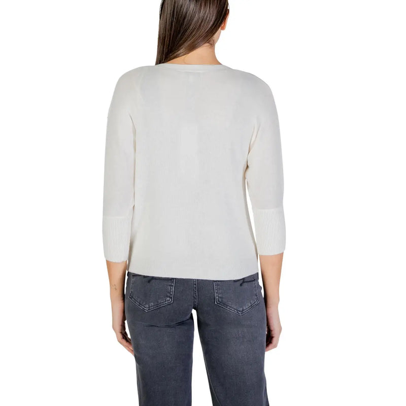 Morgan De Toi women beige button cardigan with soft ivory knit fabric and three-quarter length ribbed cuffs