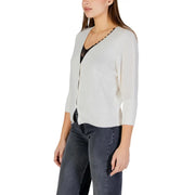 Morgan De Toi women beige soft knit cardigan with scalloped neckline ribbed cuffs and 3/4 sleeves