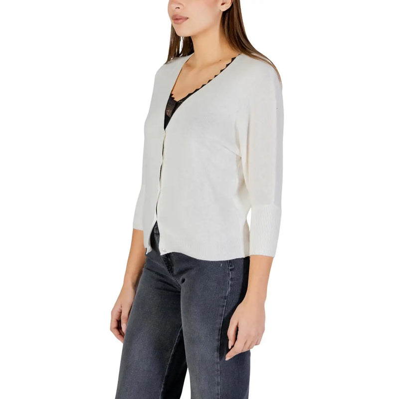 Morgan De Toi women beige soft knit cardigan with scalloped neckline ribbed cuffs and 3/4 sleeves