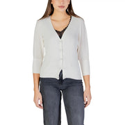 A soft ivory knit Morgan De Toi women beige button cardigan with v-neck and three-quarter subtle ribbed cuffs