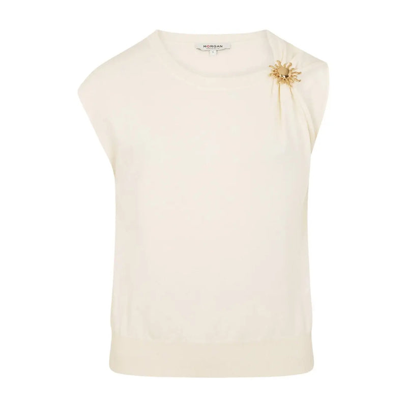 Morgan De Toi pull beige sans manches pour femme top avec une broche soleil dorée couleur crème sur l'épaule