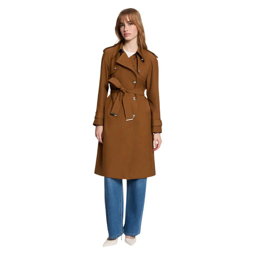 Morgan de toi Beigefarbener Damenblazer aus Polyester-Mischgewebe im Stil eines klassischen braunen Trenchcoats mit Gürtel in der Taille und doppelreihiger Knopfleiste
