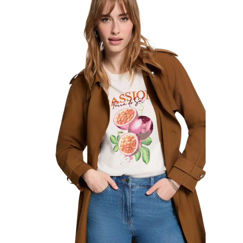 Morgan De Toi women beige polyester blend blazer with epaulets and buttoned cuffs worn over a white passion fruit tee