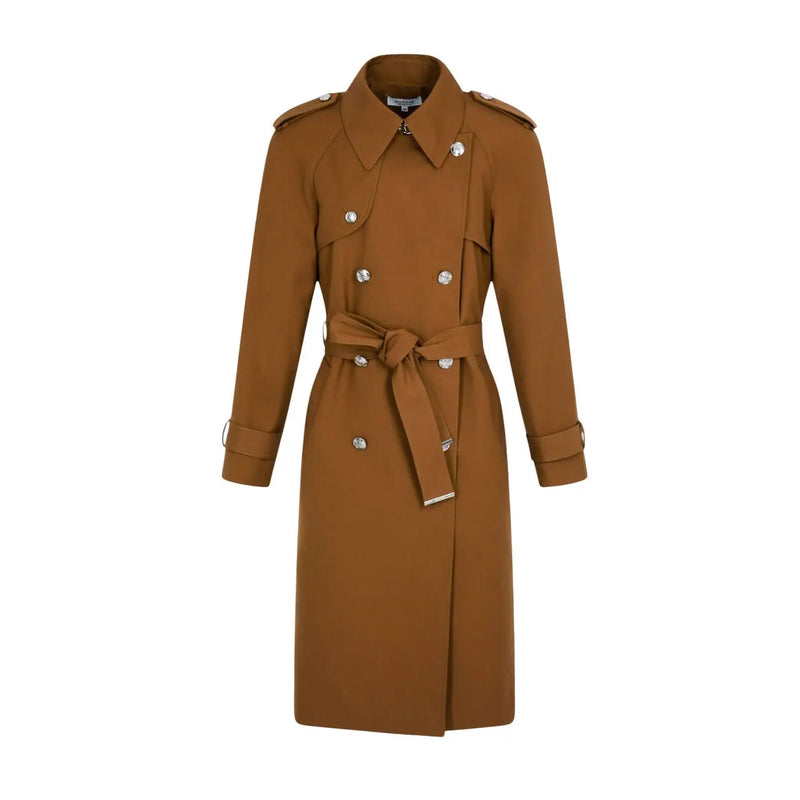 Morgan De Toi women beige polyester blend blazer with silver-toned buttons and matching belt classic trench coat style