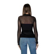 Morgan De Toi women black blouse viscose blend with black sheer long sleeves solid bodice and high neckline