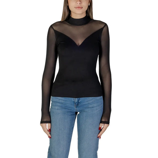 Morgan de toi Schwarze Damenbluse mit transparentem Netzstoff, langen Ärmeln, hohem Kragen und Viskosemischgewebe