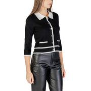 Morgan De Toi women black knit cardigan with white contrast collar button placket and trim three quarter sleeves