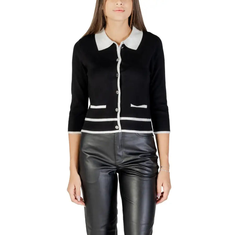 Morgan de toi women black knit button front cardigan with white contrast collar cuffs and trim details