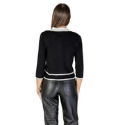 Morgan De Toi women black knit button front cardigan with white contrast trim at collar cuffs and hem