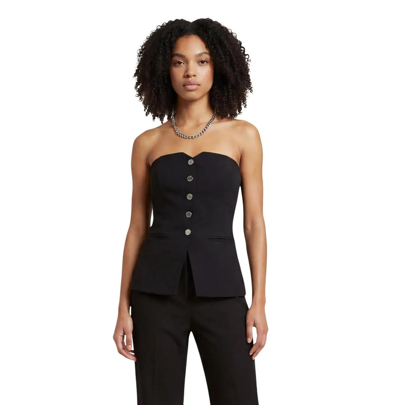 Morgan De Toi women black cotton strapless corset top with silver buttons and peplum hem front view