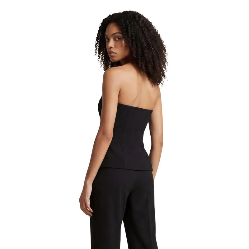 Morgan De Toi women black strapless corset top with structured bodice peplum hem and cotton button front pockets