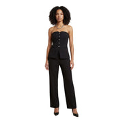 Morgan de toi women black cotton strapless corset top with button detailing and matching wide-leg trousers front view