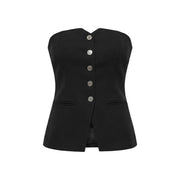 Morgan De Toi women black cotton strapless corset top with five silver buttons and two front flap pockets