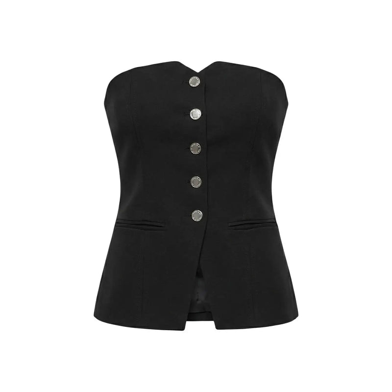 Morgan De Toi women black cotton strapless corset top with five silver buttons and two front flap pockets