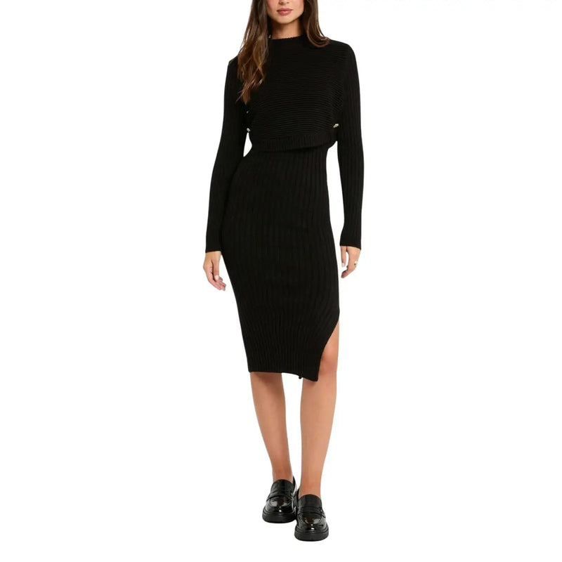 Black ribbed knit two-piece dress with high neckline long sleeves and side slit by morgan de toi viscose blend