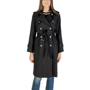 Morgan de toi women black polyester double-breasted trench coat with silver-toned buttons and matching belt