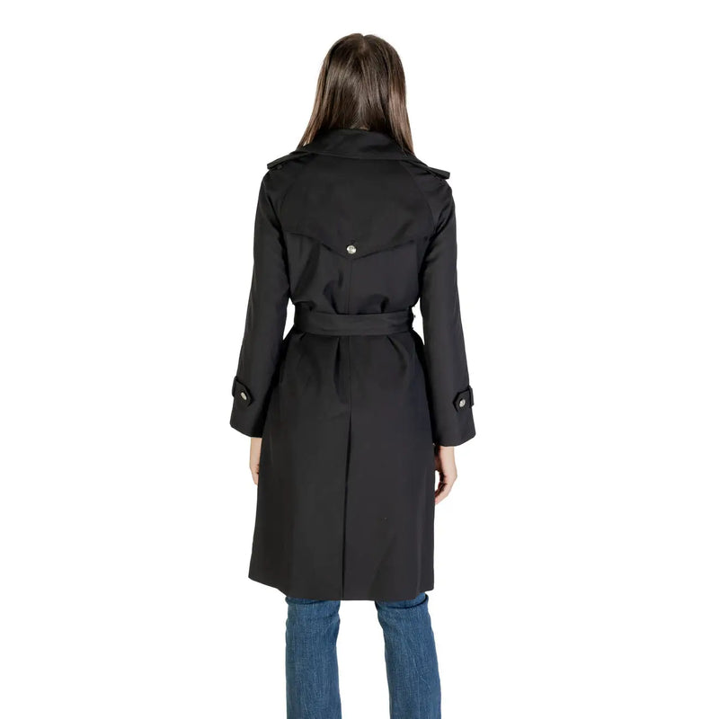 Morgan De Toi women black polyester blazer featuring a trench coat design with belted waist and epaulets shown from the back