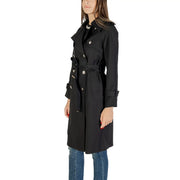 Black polyester blazer by Morgan De Toi featuring silver-toned buttons and a belted waist in a trench coat style