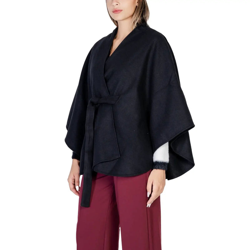 Morgan de toi women black polyester blazer with belted waist wool blend cape and white fur trim cuffs