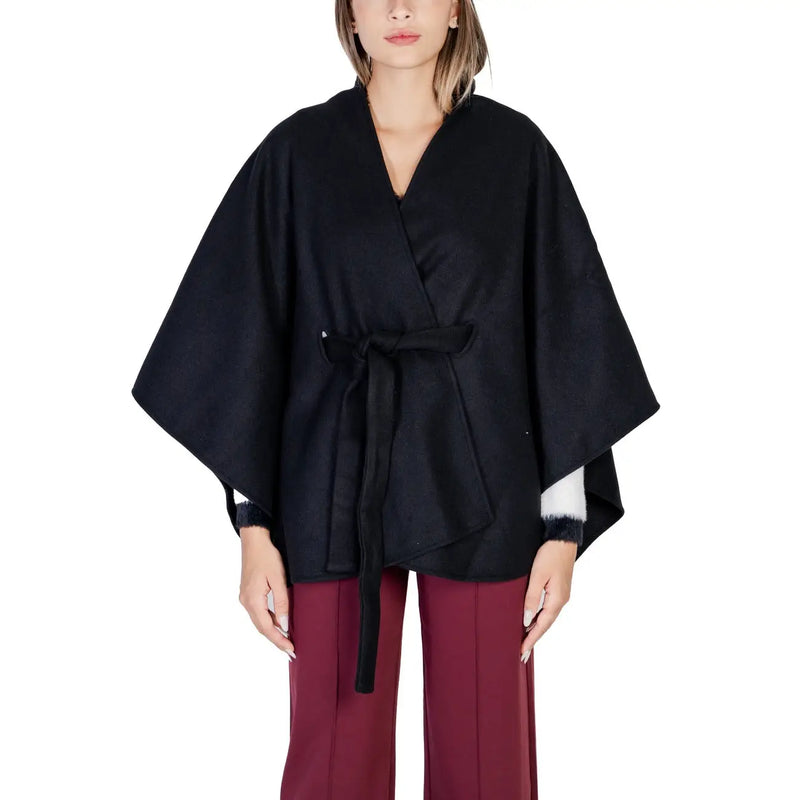 Black woolen cape with belted waist and fringed cuffs by Morgan De Toi made of polyester for women