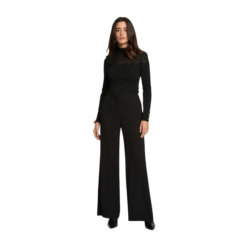 Morgan de toi women black polyester jumpsuit with high neck and lace detailing on shoulders and cuffs