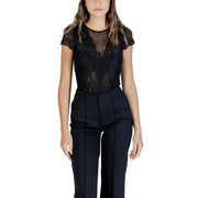 Morgan De Toi women black lace blouse with short sleeves and sheer mesh panel featuring automatic buttons