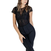Morgan De Toi women black round neck blouse with automatic buttons featuring a black lace top with sheer mesh panel