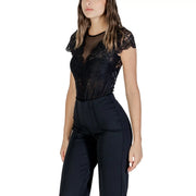 Morgan de toi women black lace blouse with sheer mesh panel and short flutter sleeves featuring automatic buttons